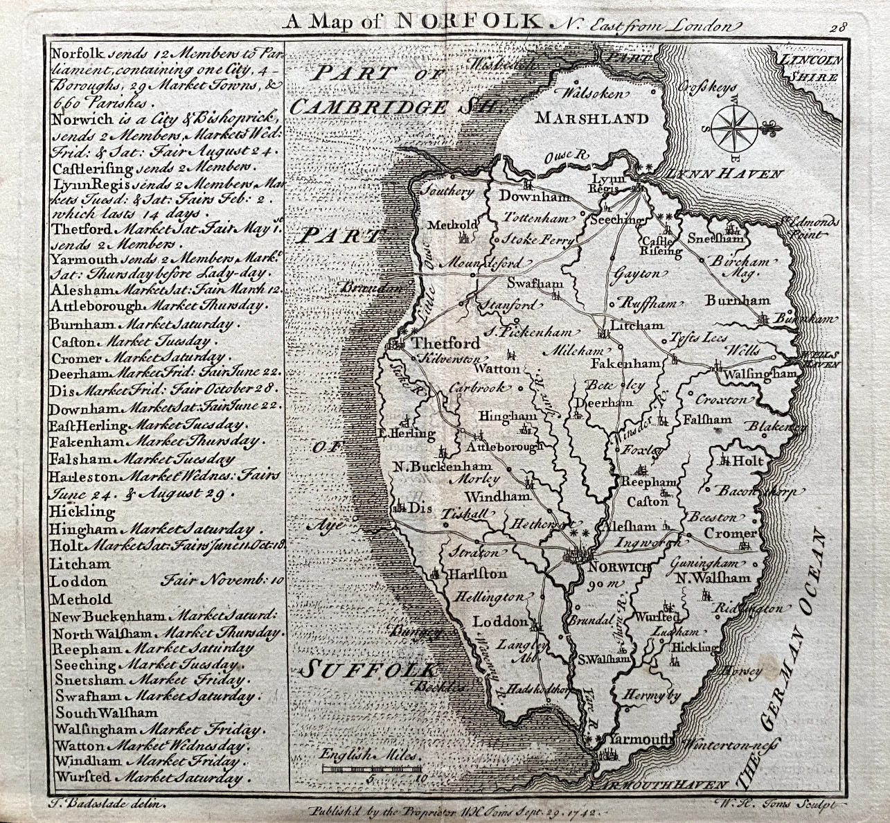 1742 Antique Map; Norfolk by W.H. Toms / T. Badeslade