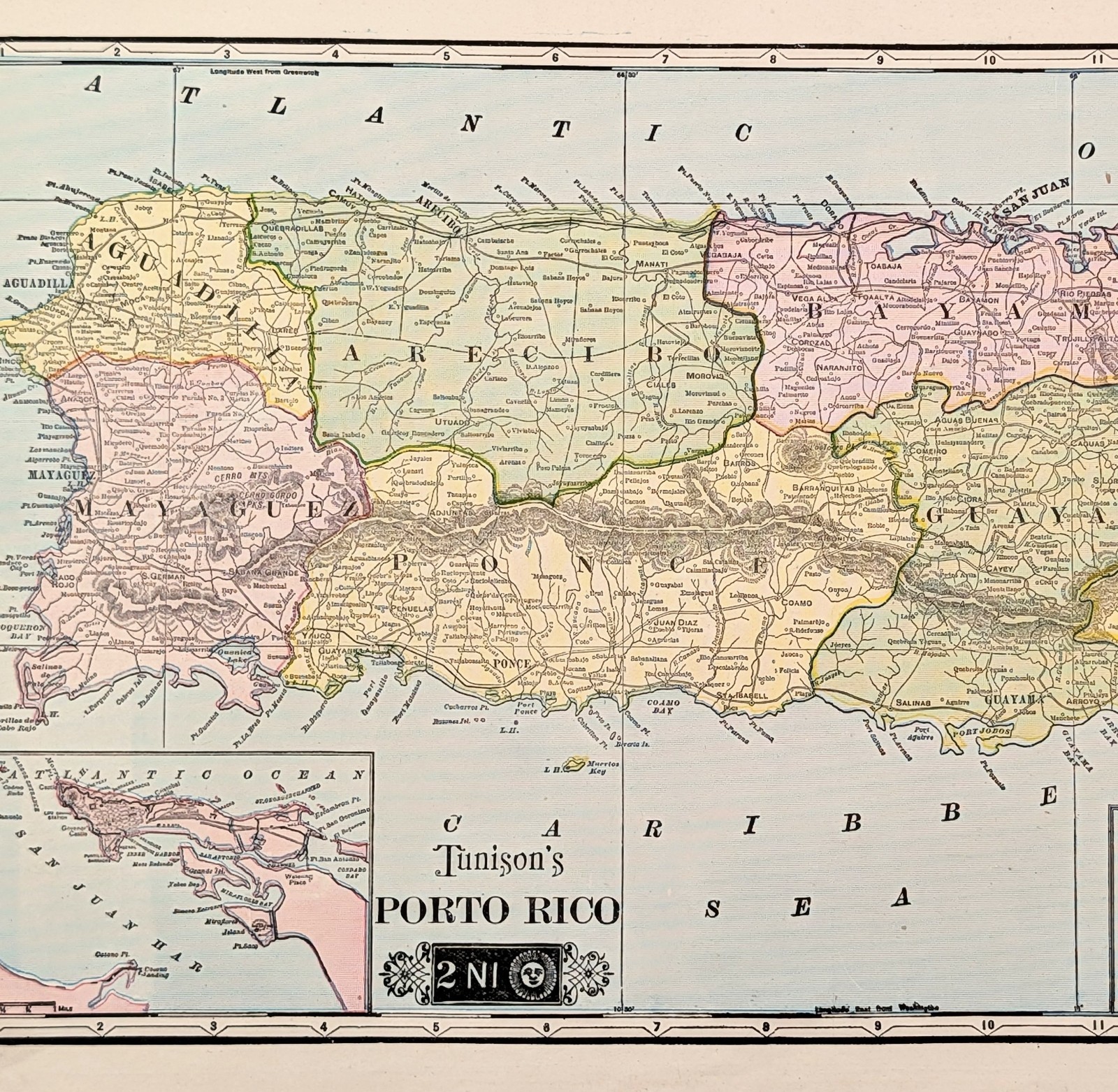 1903 PUERTO RICO Map ORIGINAL ~ SAN JUAN ~ MAYAGUEZ ~ HUMACAO