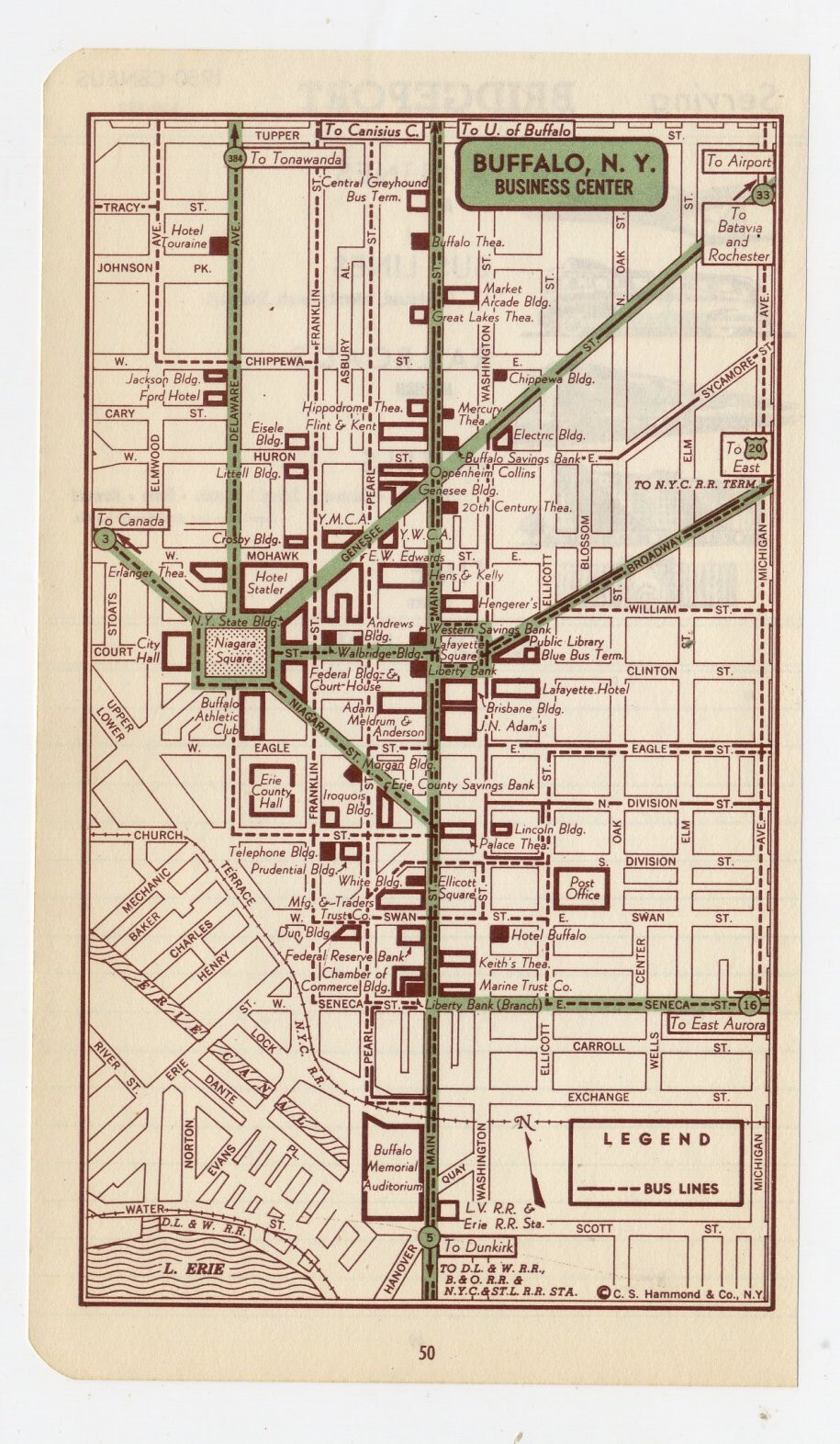 1951 ORIGINAL VINTAGE MAP OF BUFFALO NEW YORK DOWNTOWN BUSINESS CENTER