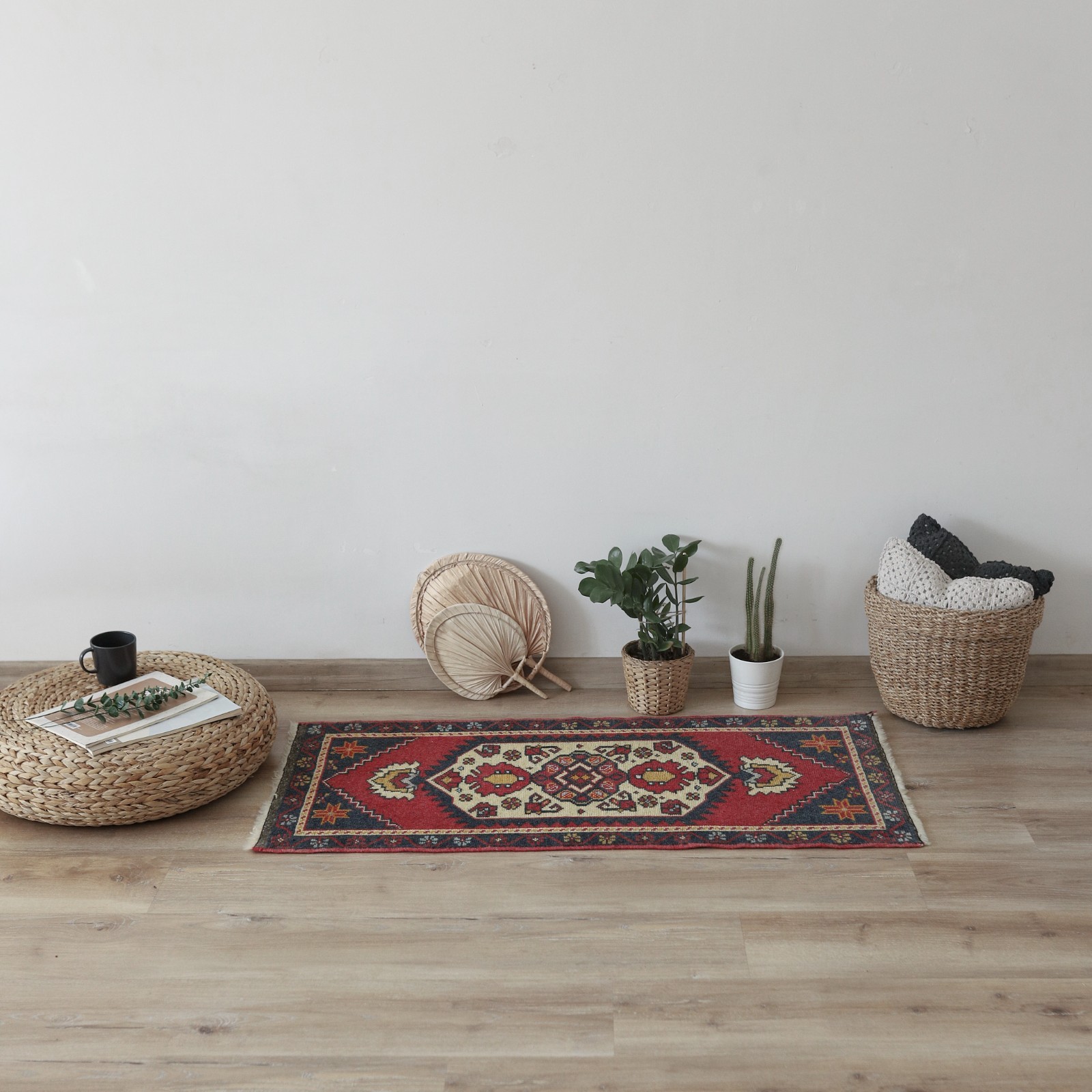 Vintage Turkish Small Rug Handmade Wool Door Mat Tribal Geometric 2×4 ft