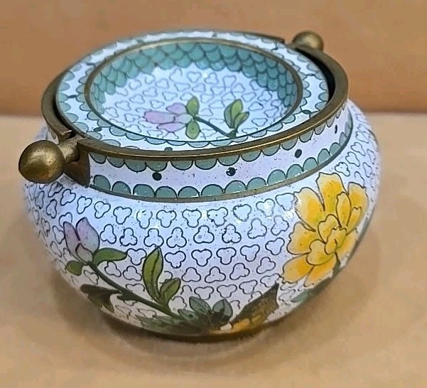 Chinese Cloisonné Bowl Tilting Lid Incense Tray Ash Pot Enameled Floral Brass