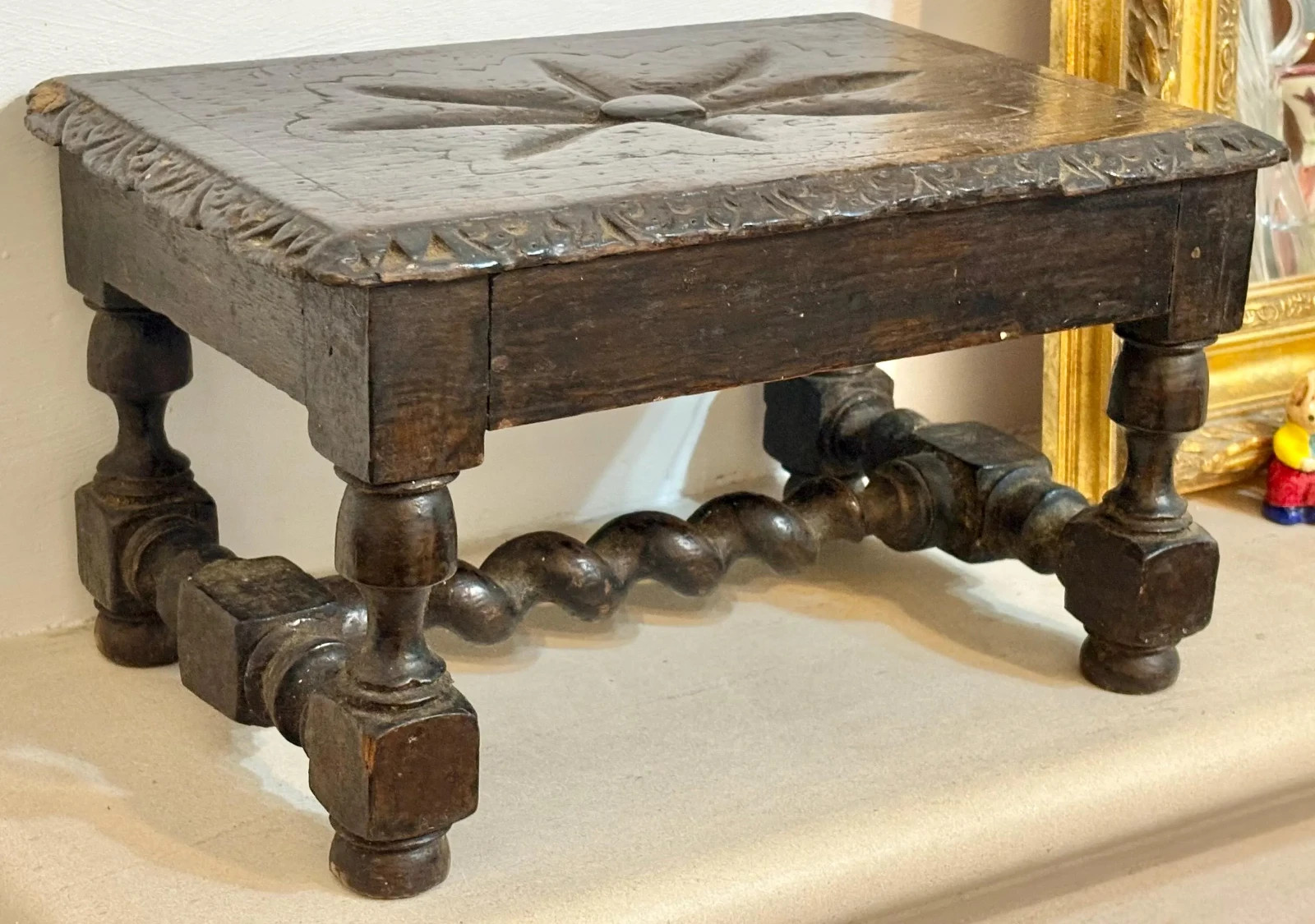 Antique Victorian Oak Apprentice Stool | Carved Jacobean Table