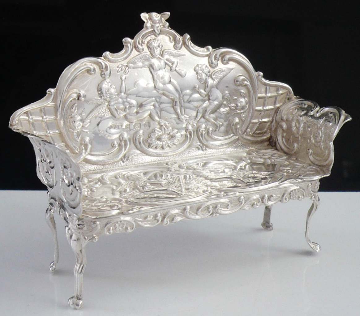 Sterling Silver Miniature Sofa Settee, Dolls House Furniture, Birmingham 1903