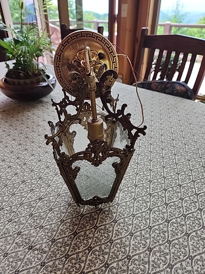 Vtg Brass Rocco Hanging Lamp Gothic Ornate 12″ Pendant textured Glass Lighting
