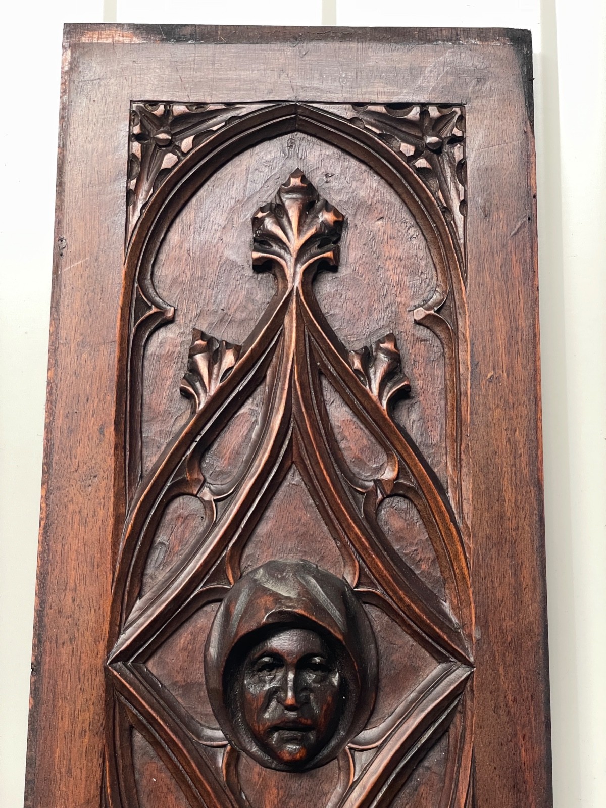 Exceptional Walnut Gothic Revival panel with face 25.19 inch high