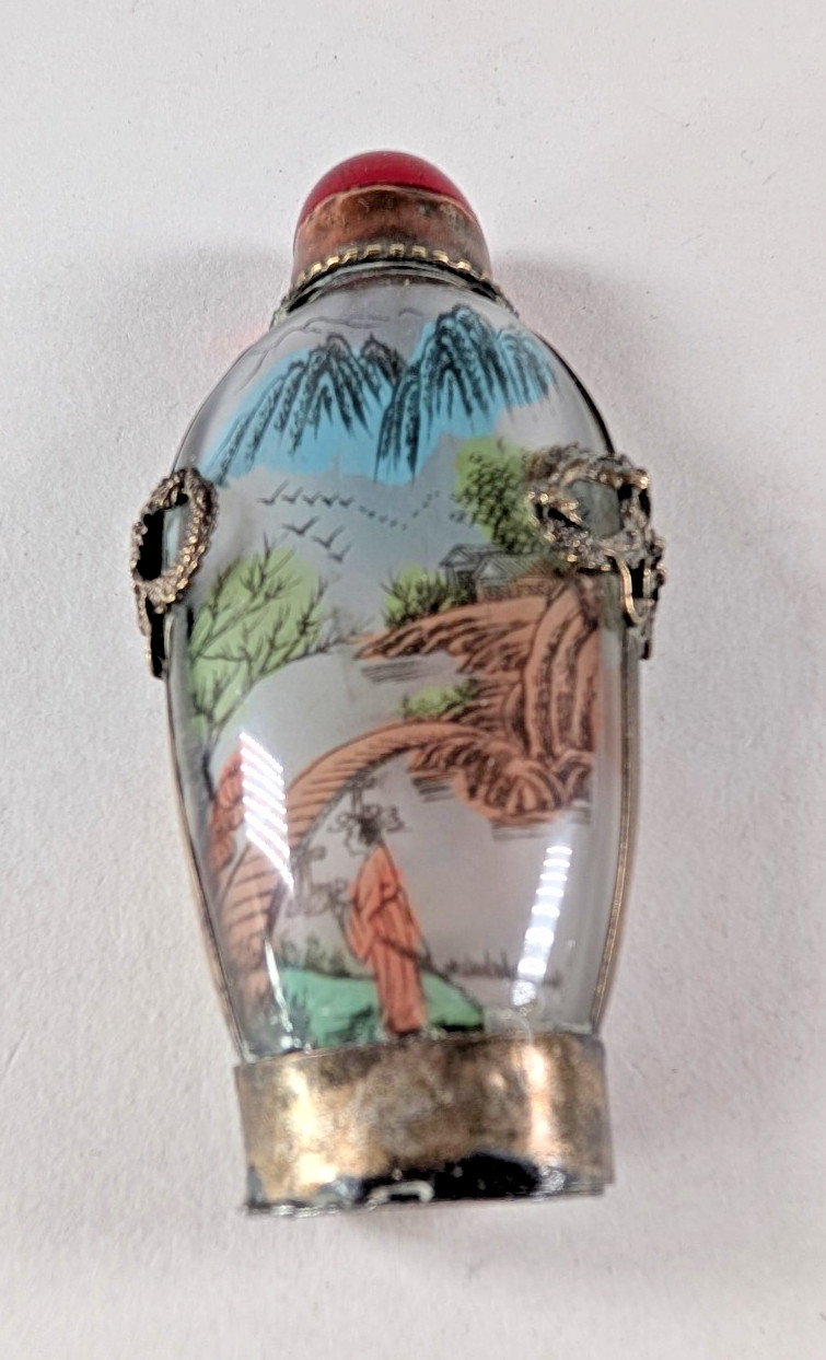 Inside Painted Metal Cased Chinese Glass Snuff Bottle Bridge and River