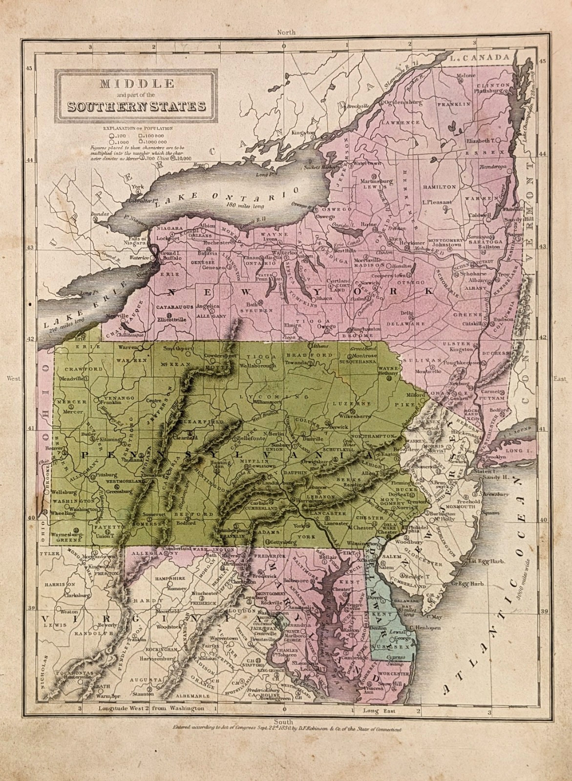 1830 EASTERN STATES Map NEW YORK PENNSYLVANIA NEW JERSEY MARYLAND DELAWARE