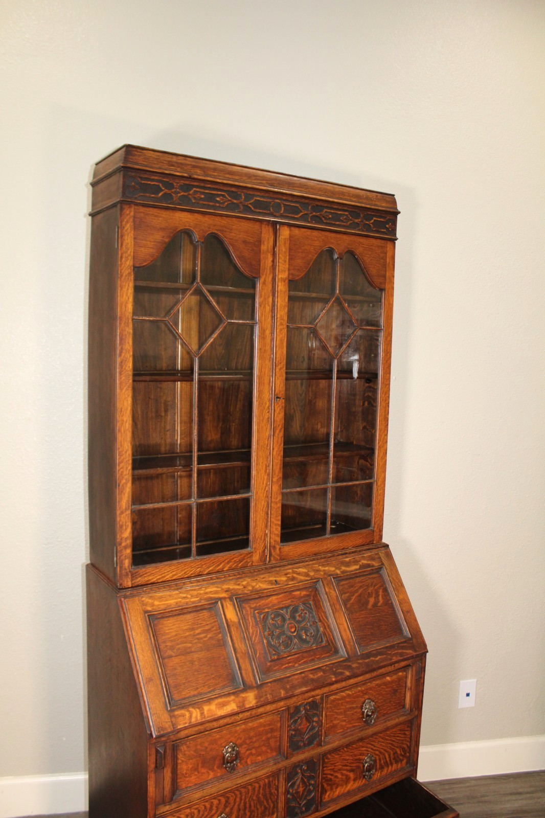English Antique Jacobean Oak Lidded Glass Secretary Desk / Bookcase.