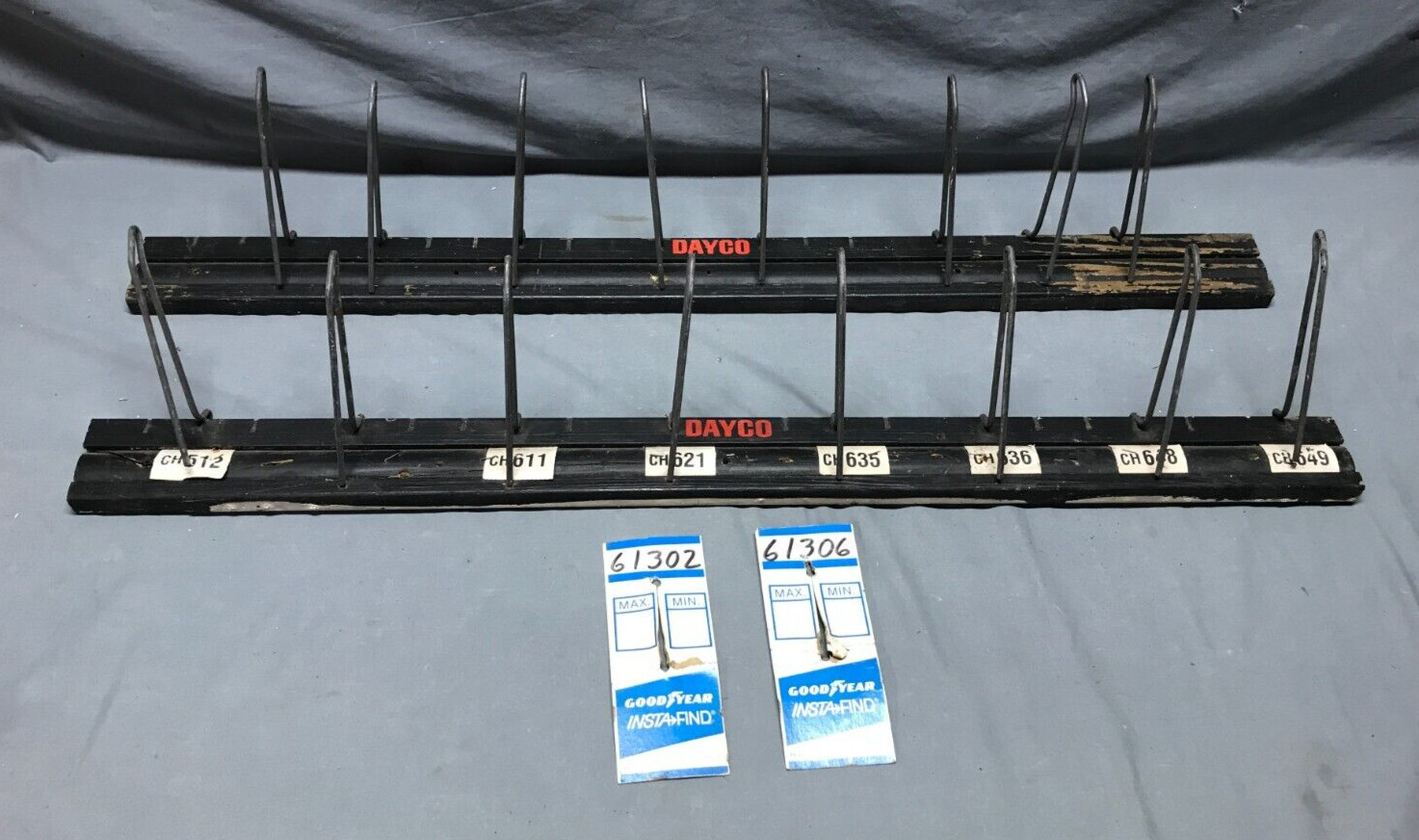 Vintage Pair 36″ DAYCO Auto Garage Shop Wood Metal Hook Racks Old 1591-24B