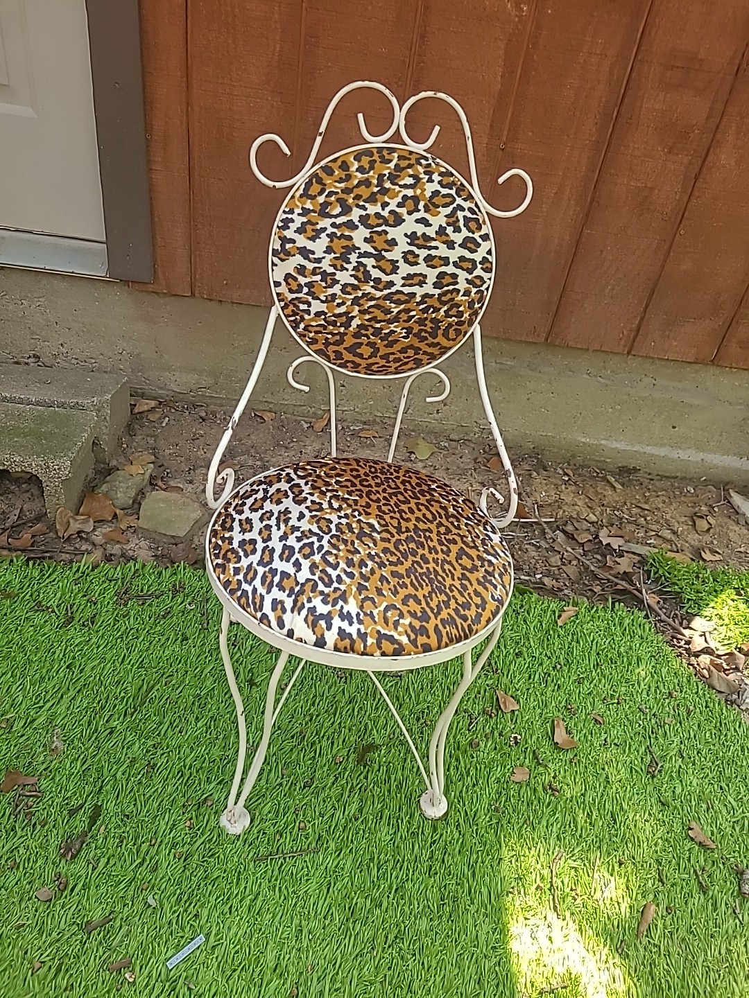 Vintage Heavy Wrought Iron Budoir Ice Cream Parlor Vanity Chair Leopard Print