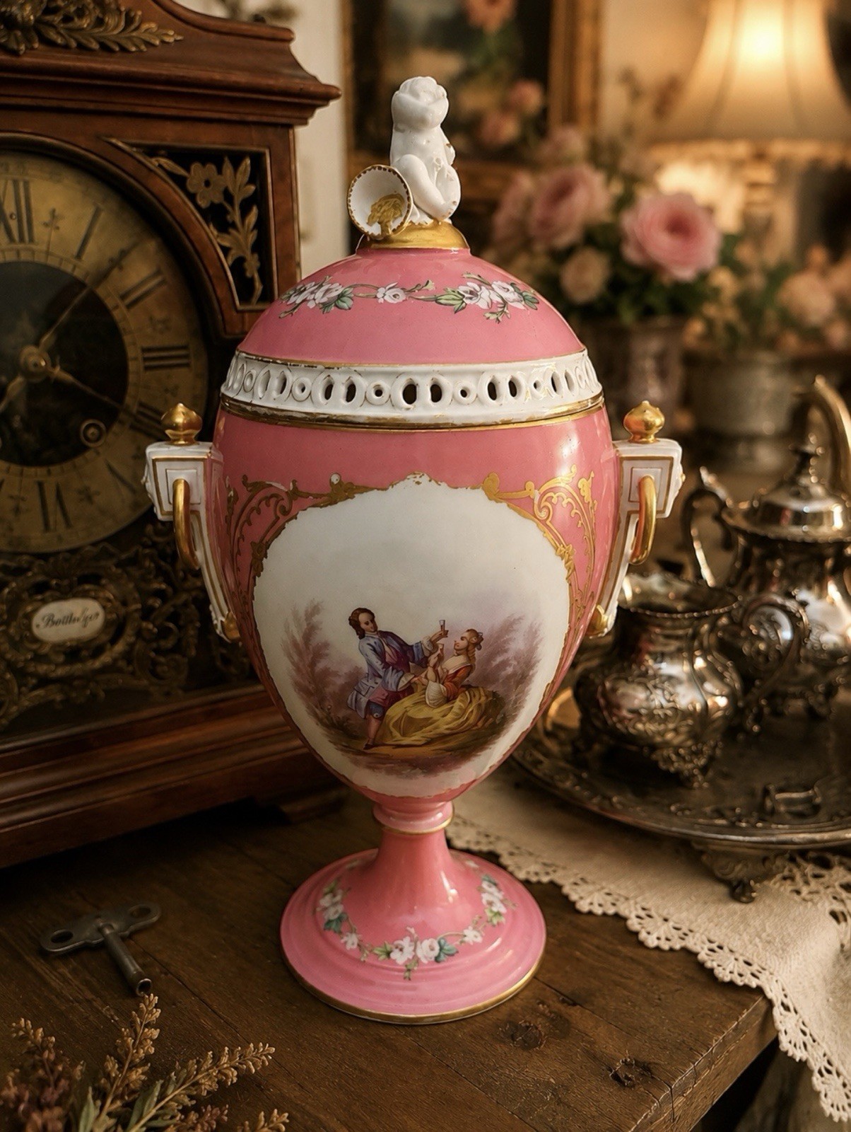 19thC French Sèvres-Style Pink Porcelain Potpourri Urn Vase with Cherub