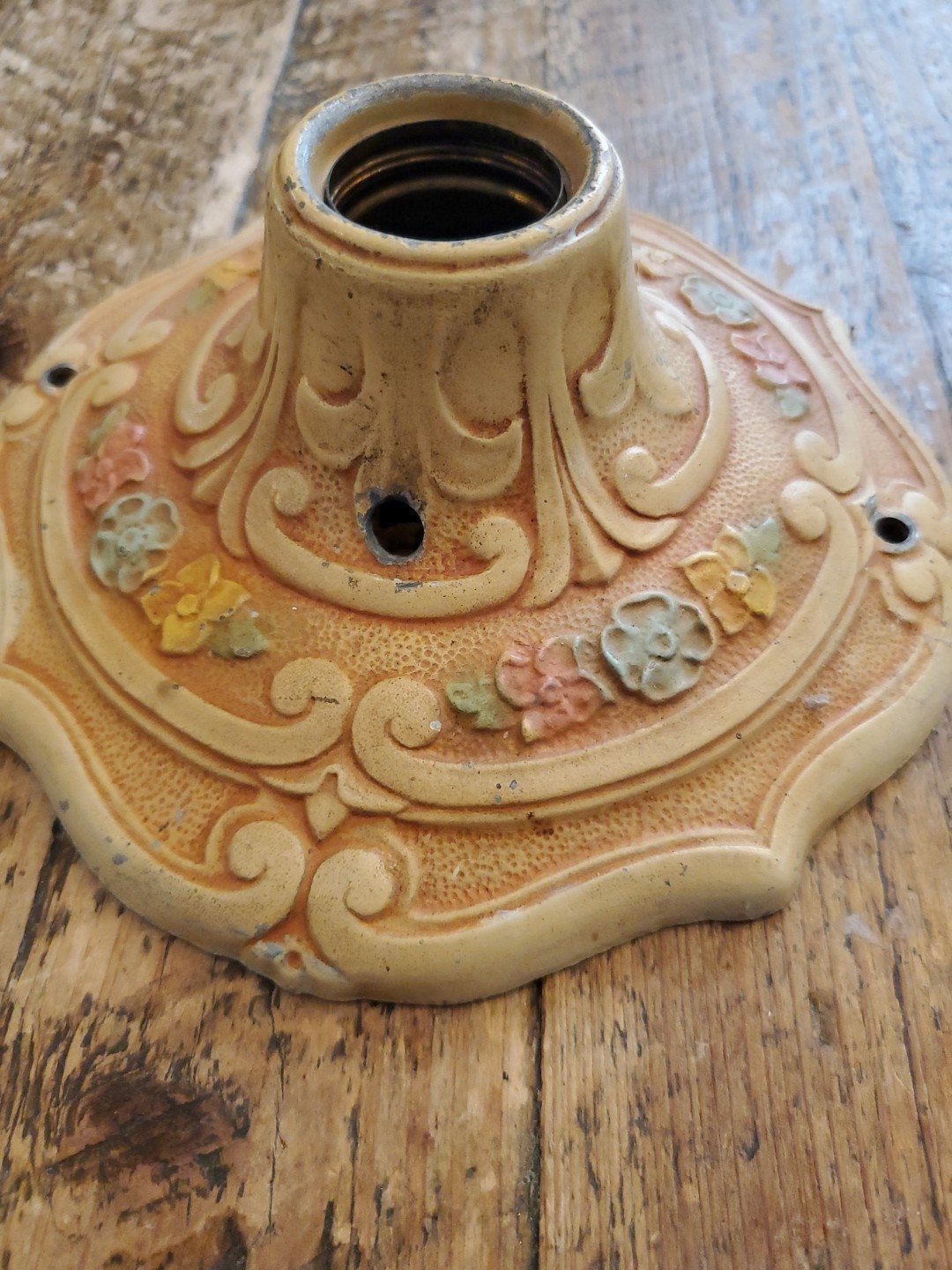 1920-30s Cast Iron Flush Mount Fixture Single bulb Antique VICTORIAN floral