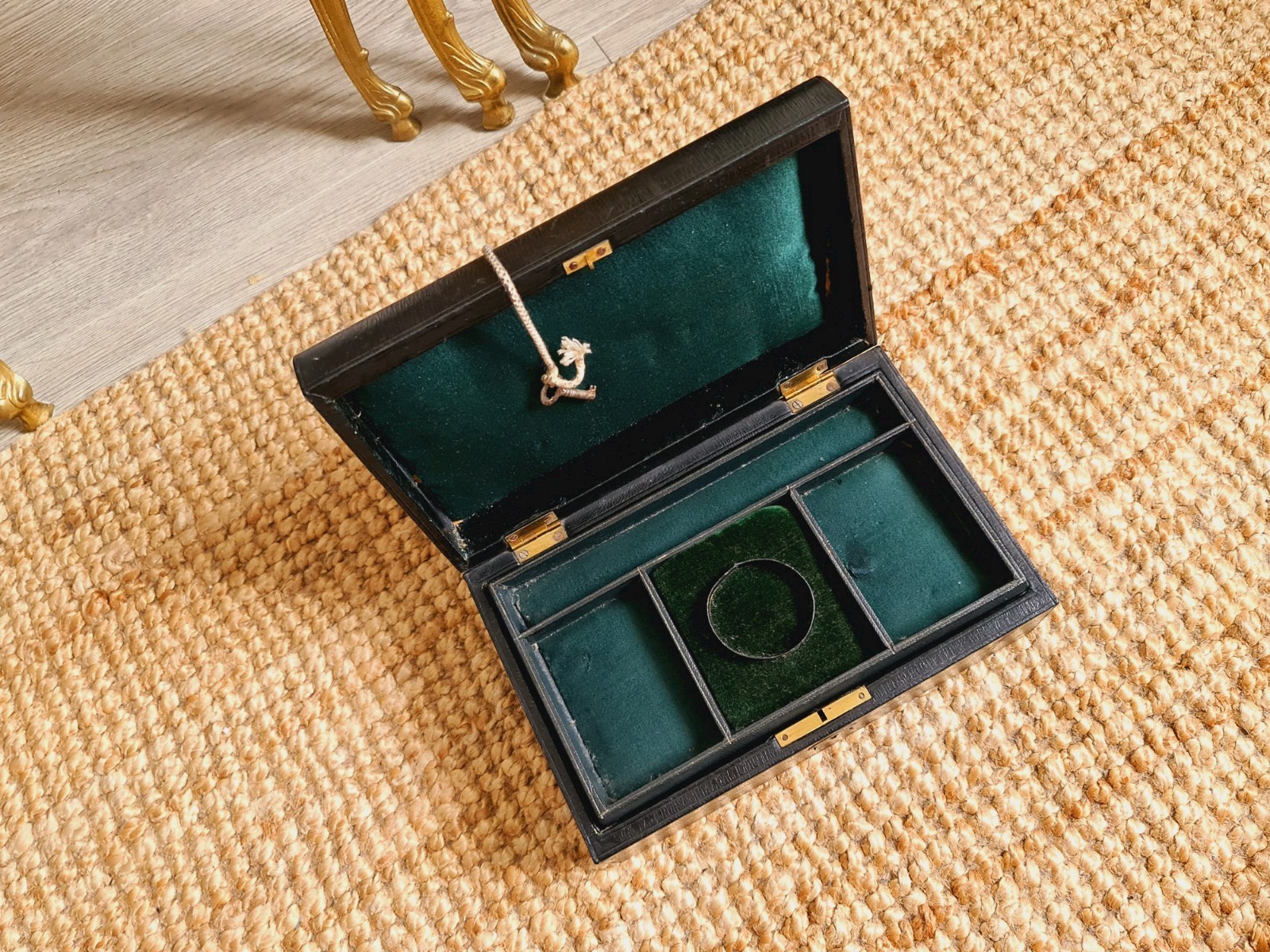 Antique Leather Trim Box Jewellery Trinket Case Victorian Black with Key
