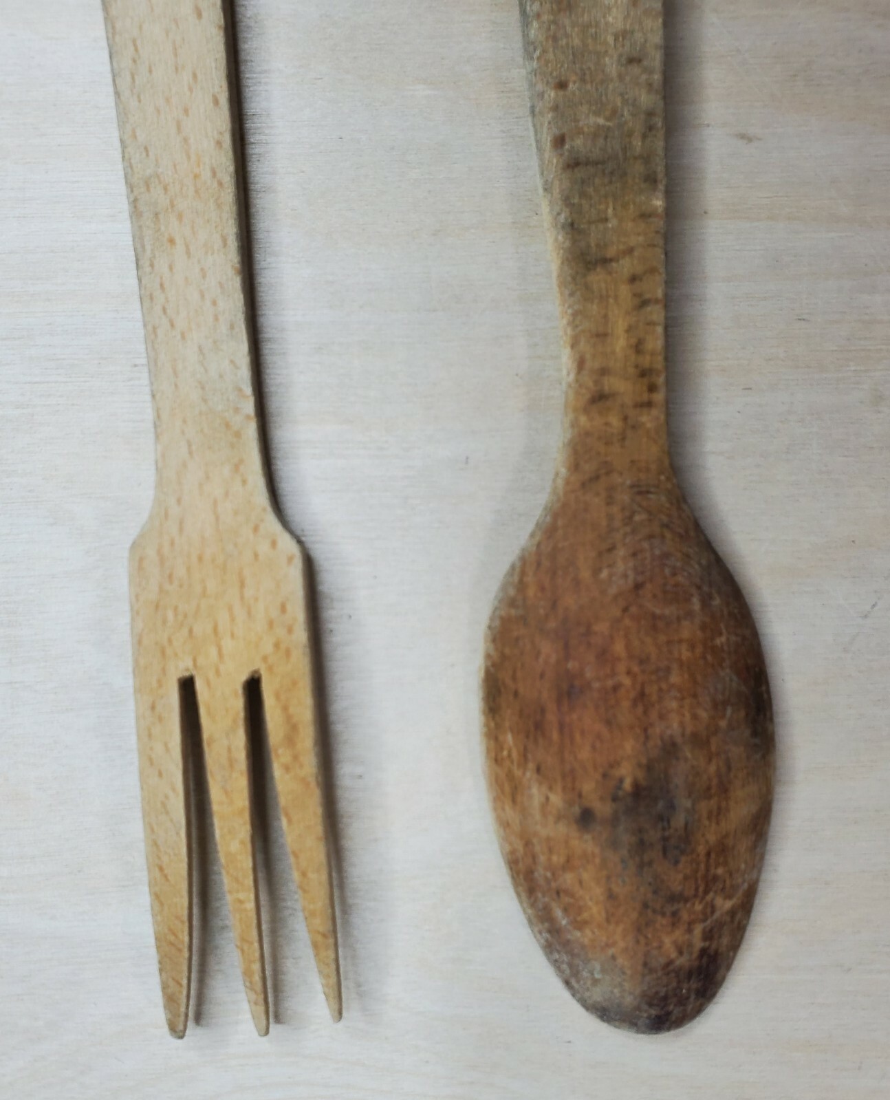 Wood Serving Fork And Spoon 9 7/8” Long Vintage Distressed Promo Ink