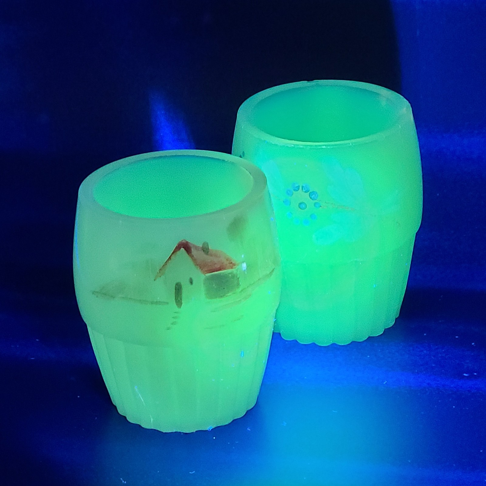 2 Victorian Hand Painted Ribbed Base Milk Glass Toothpick Holders FREE SHIPPING