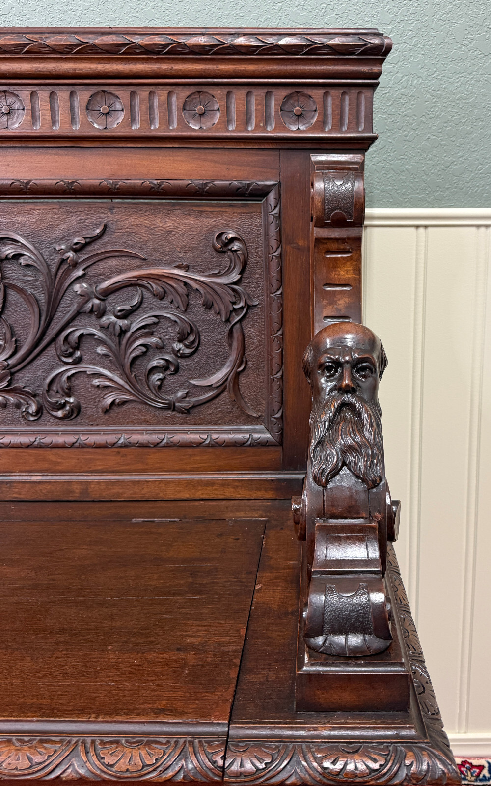 Antique French Entry Bench Settee Trunk Renaissance Revival Dark Walnut c1890s