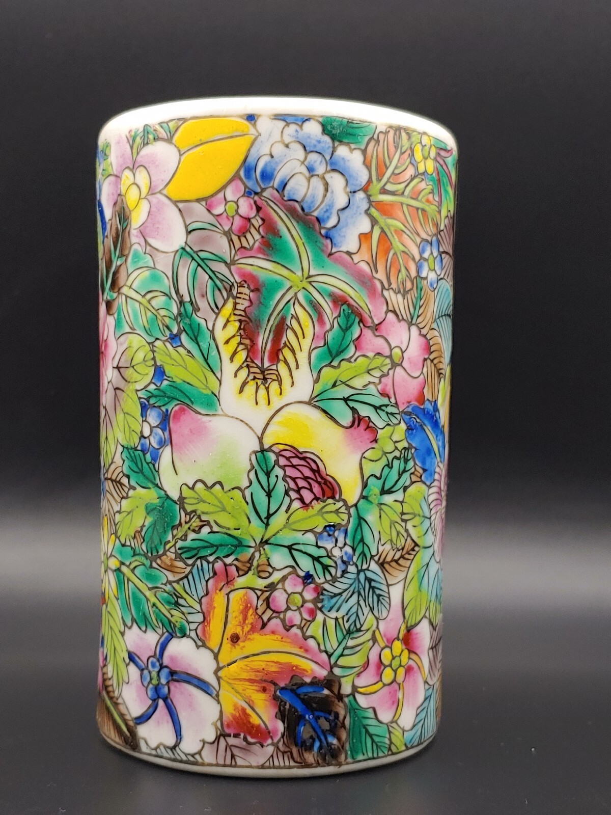 民国手绘粉彩瓷器百花不露地笔筒 Antique China Famille Rose Porcelain Painted Full Flower Art Pot