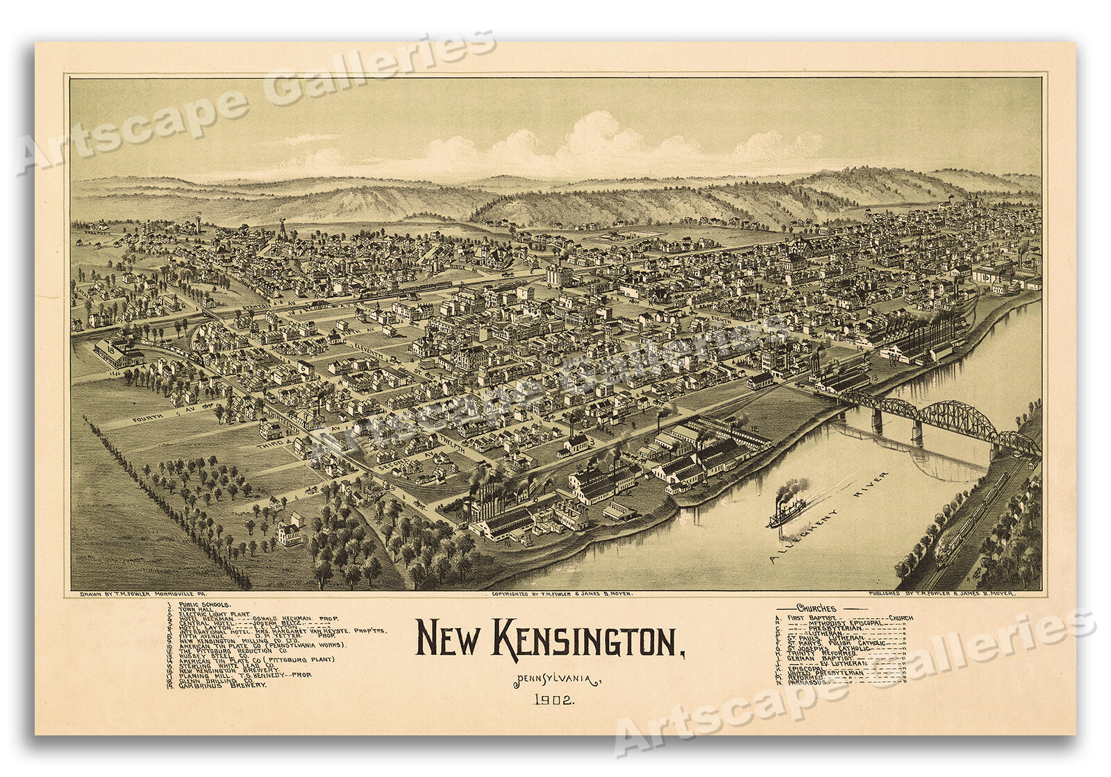 Bird’s Eye View 1902 New Kensington Pennsylvania Vintage Style City Map – 16×24