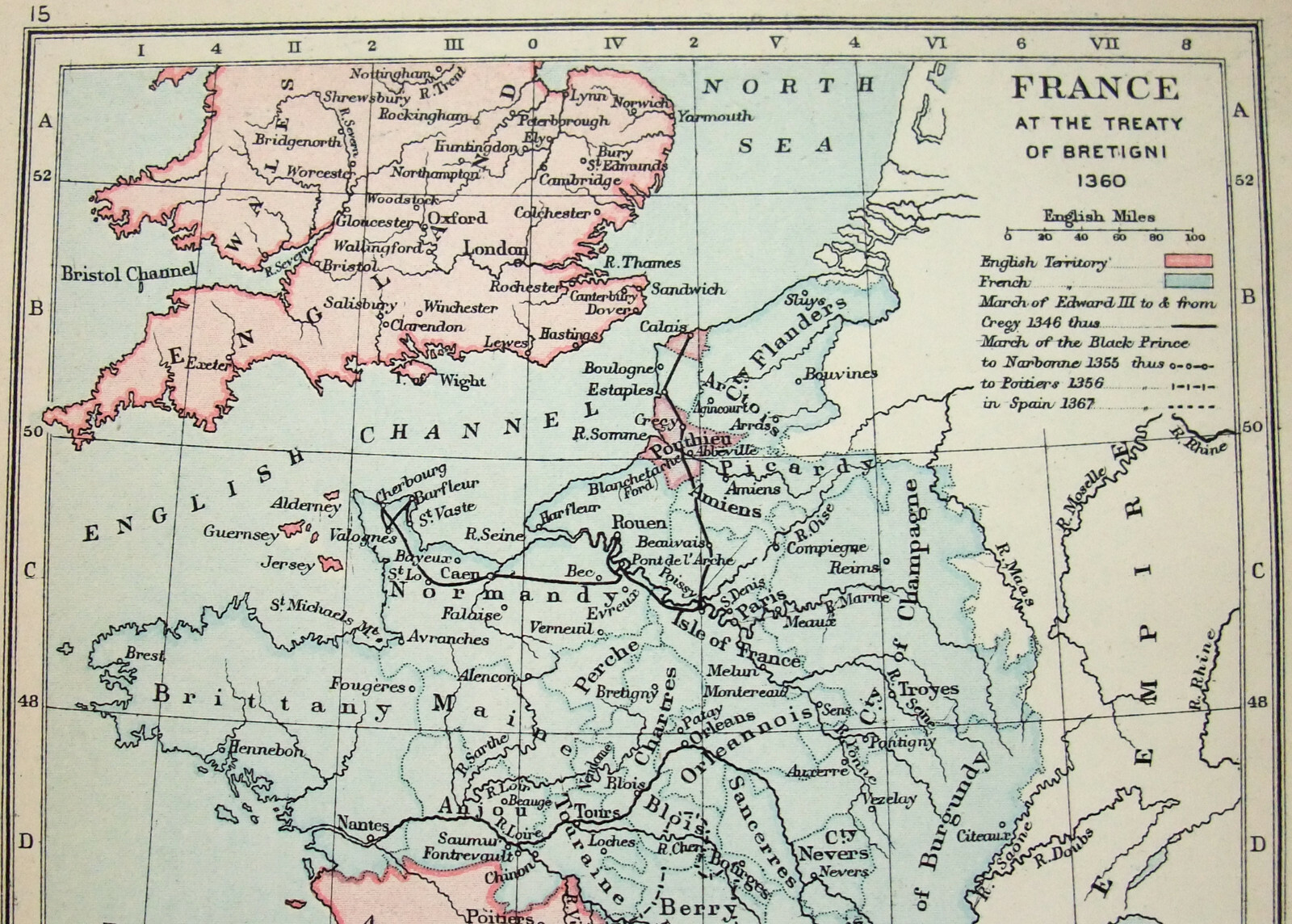 Vintage Map of France at the Treaty of Bretigini in 1360 by Longmans Green 1902