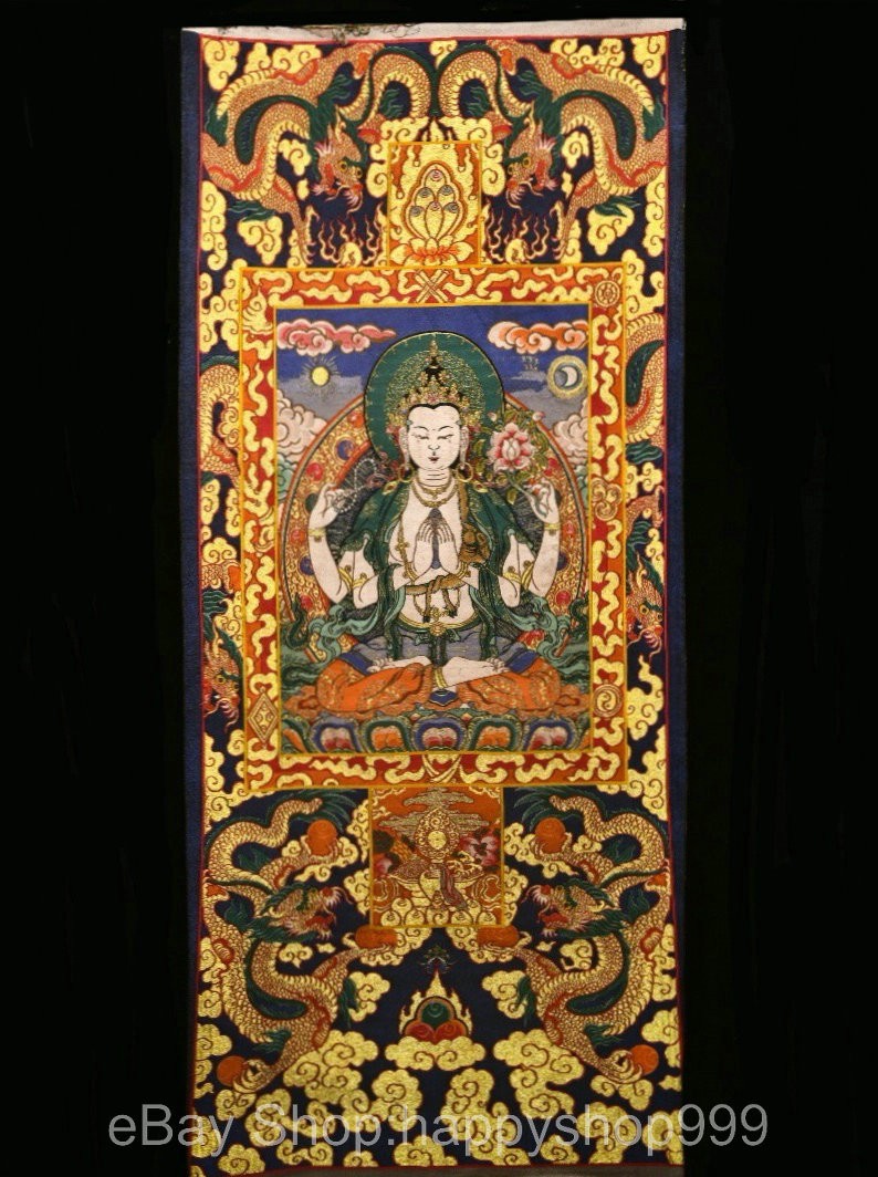 70.8″ Old Chinese Buddhism Handmade silk Sit 4 Arms Kwan-yin Pattern Thangka