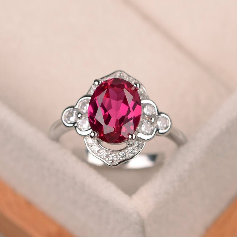 1.80 Ct Natural Ruby Diamond Engagement Wedding Ring 14K White Gold Size 7