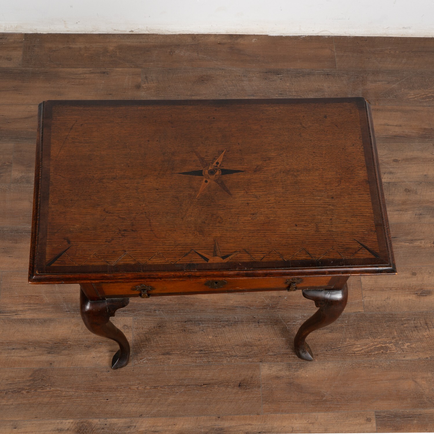 Small Inlaid Oak Side Table With Cabriolet Legs and Single Drawer, Denmark 1750-