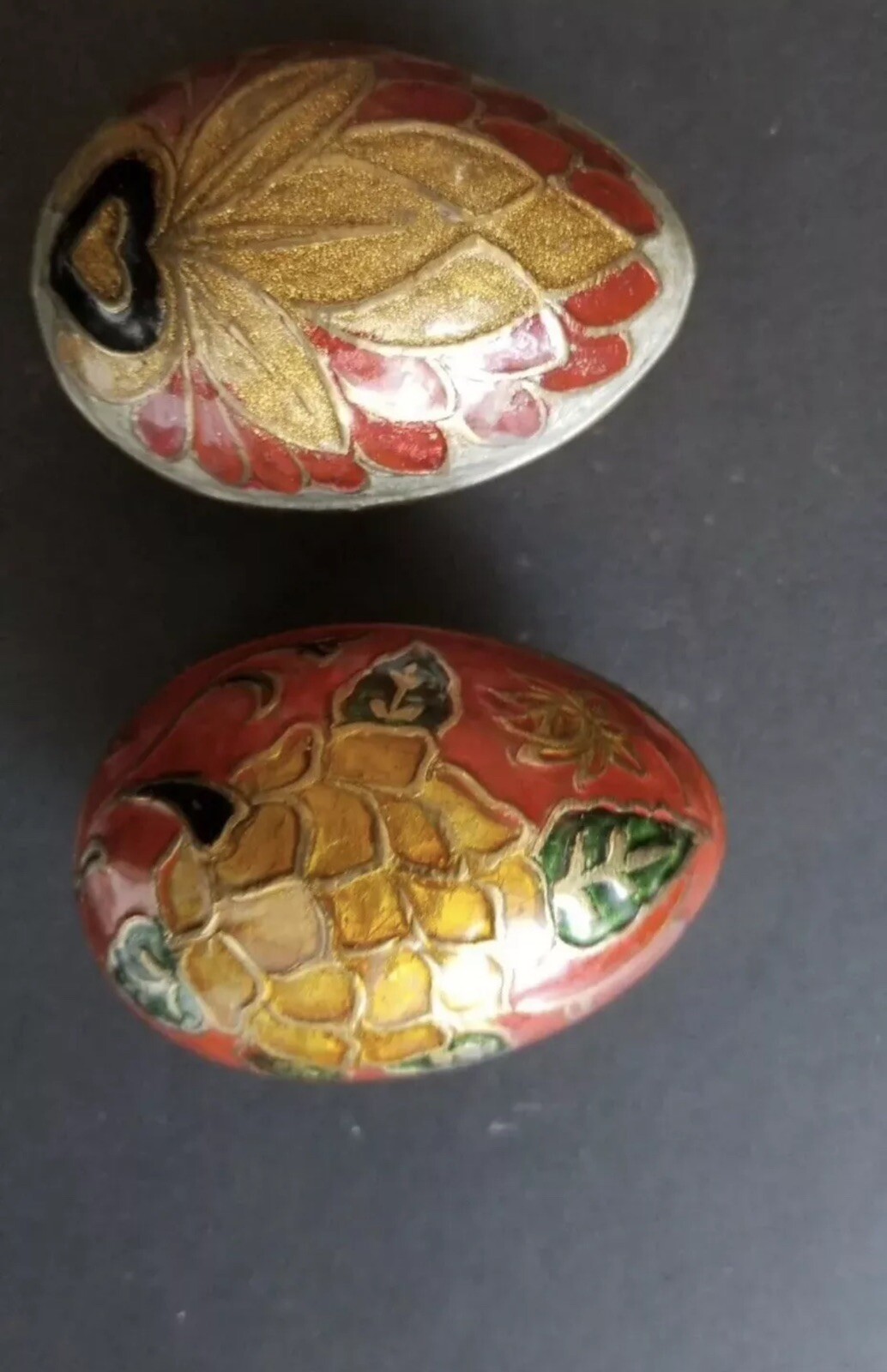 Two Vintage Solid Brass Enameled Painted Eggs India Enesco