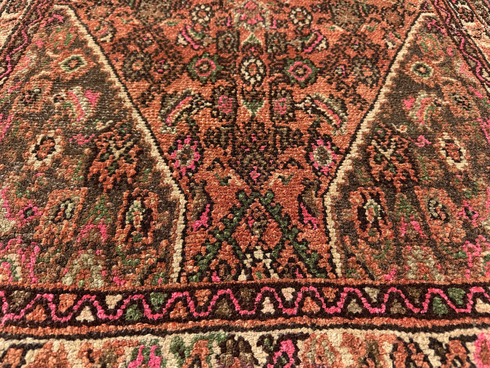 2×13 VINTAGE RUNNER RUG handmade rust pink green persimmon long ANTIQUE 3×13 ft