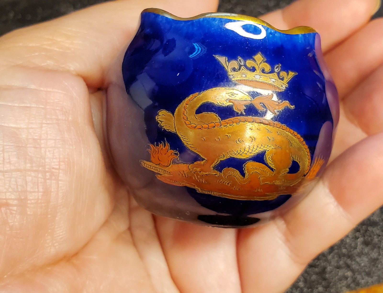 Antique Cobalt Blue Mini Bowl Gold Gilt Dragon Crown Heraldic Signed Peaudecerf