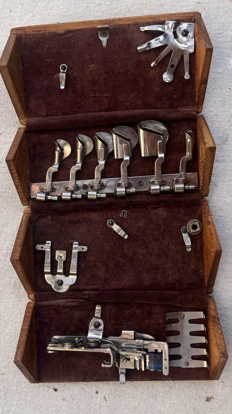 Singer Antique Sewing Machine Attachments Set in Wooden Box Pre-1930