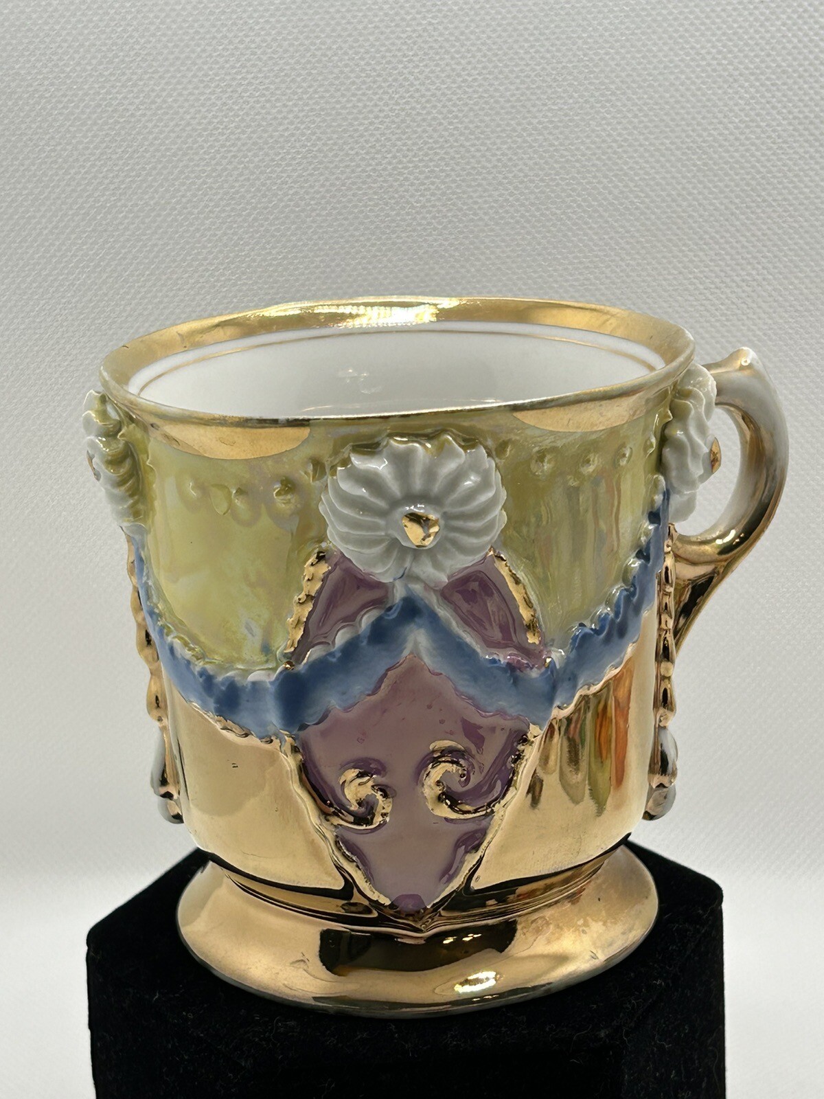 Antique Gold Gilt Victorian Porcelain Mug White With Ornate Applied Flowers