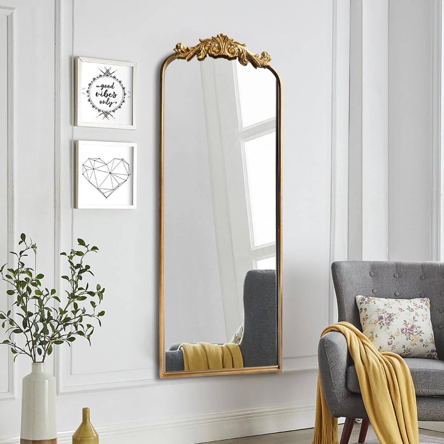 Large Gold Antique Mirror, Tall Arched Floor Mirror,Ornate Design Vintage Wall M