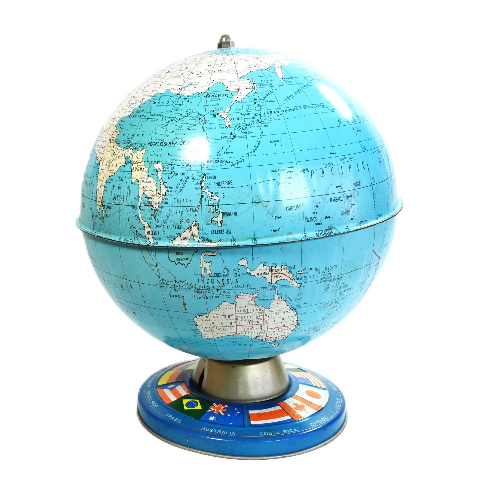 Ohio Art 9″ World Globe 1978 Tin Litho Flags Base West Germany Vintage