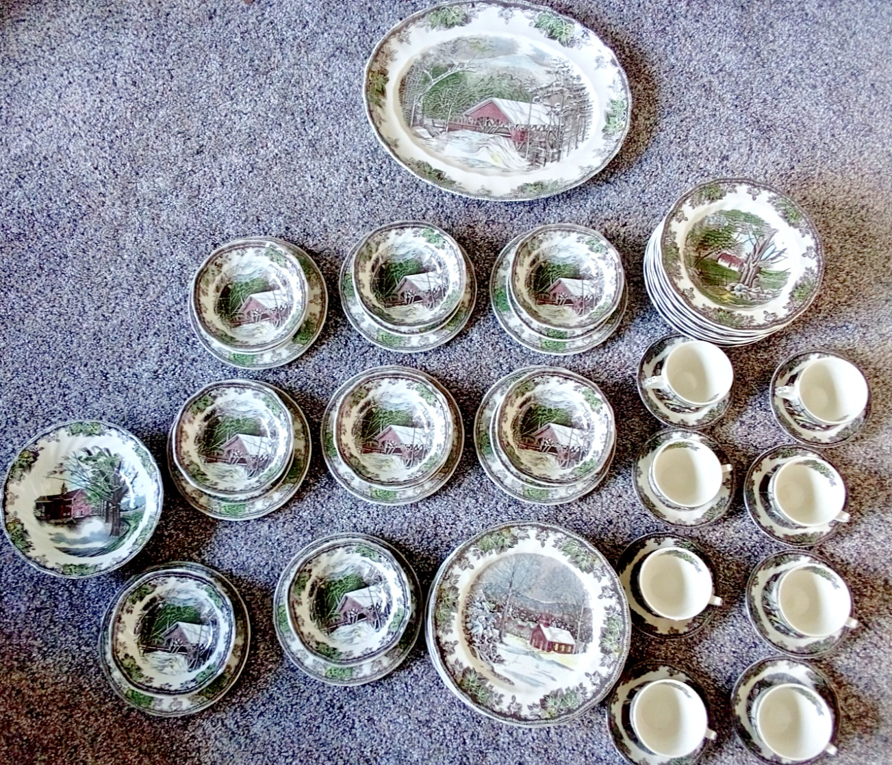 Vintage Johnson Bros Friendly Village China Set Winter Scene 58 pieces/ 8 set