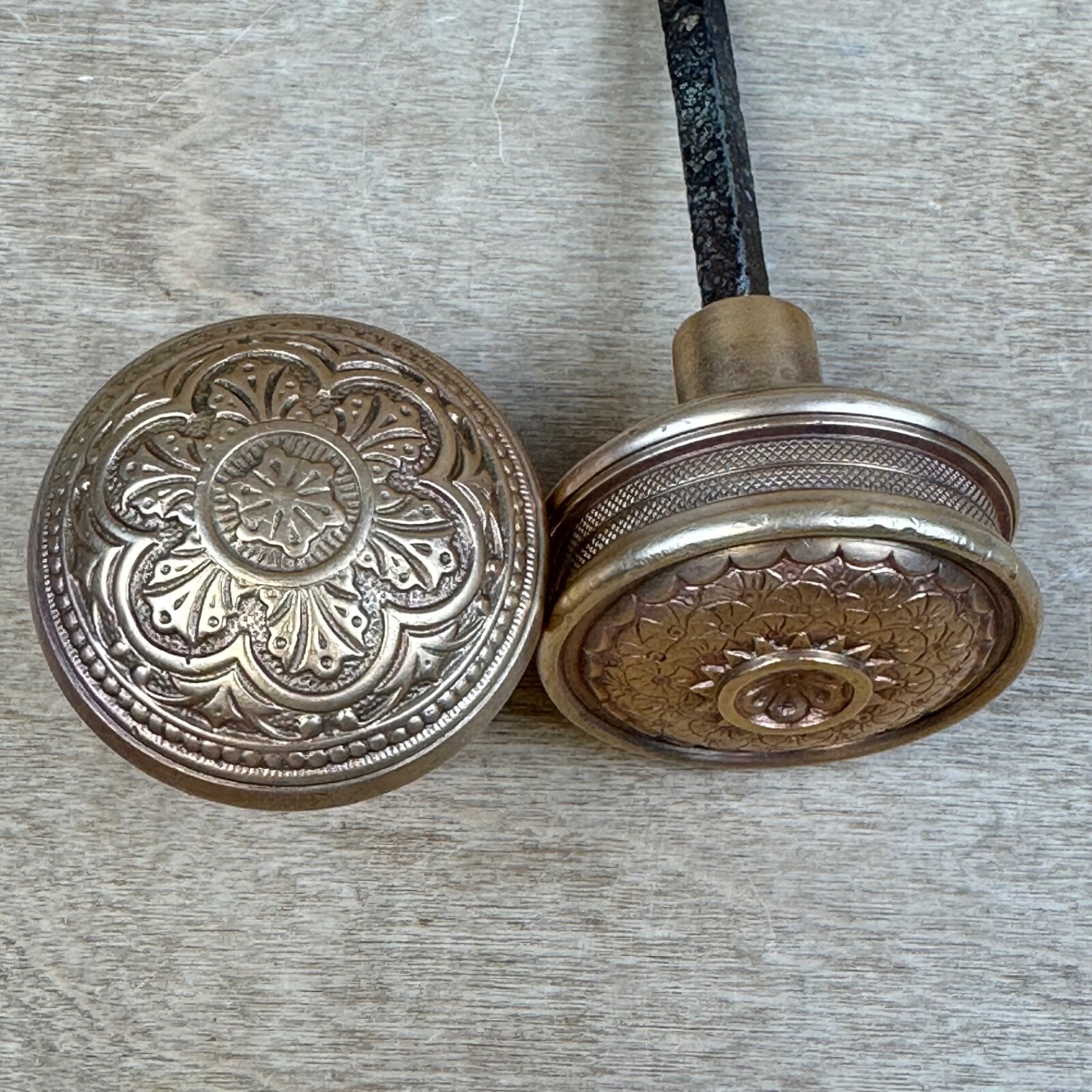 Antique Vintage Victorian Ornate Copper Door Knobs & Brass Turnkey? POLISHED