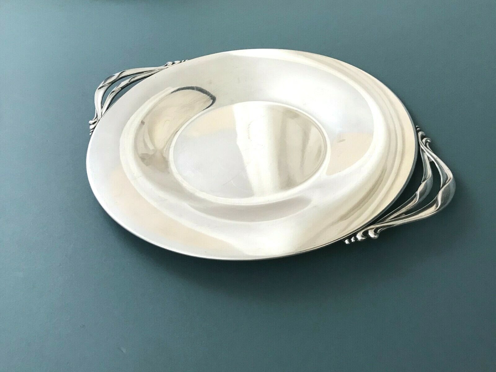 Denmark MCM E. Dragsted Silver Plate Dessert Serving Plate Scroll Handles 13”