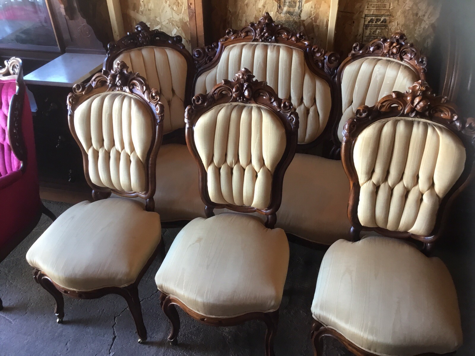 Antique 1860s Victorian Solid Roeswood Mirror Back Sofa and 3 Side Chairs. Wow!