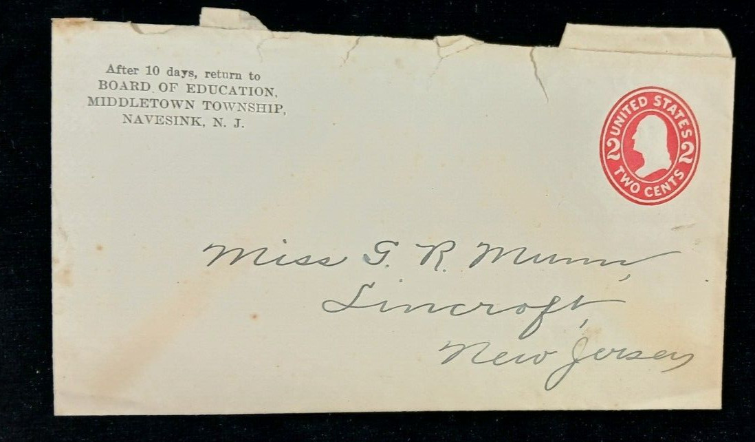 BOARD OF EDUCATION Antique Envelope 2 cents Stamp cover New Jersey Middletown US