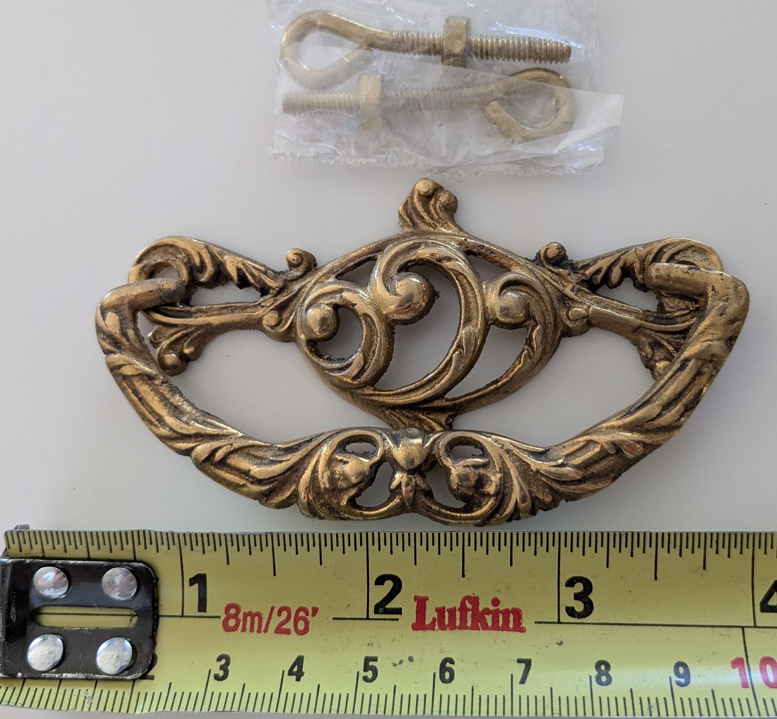 Drop Bail Drawer Pull Solid Brass w/hardware Ornate NOS 3″ center 3.5″wide 1.75T