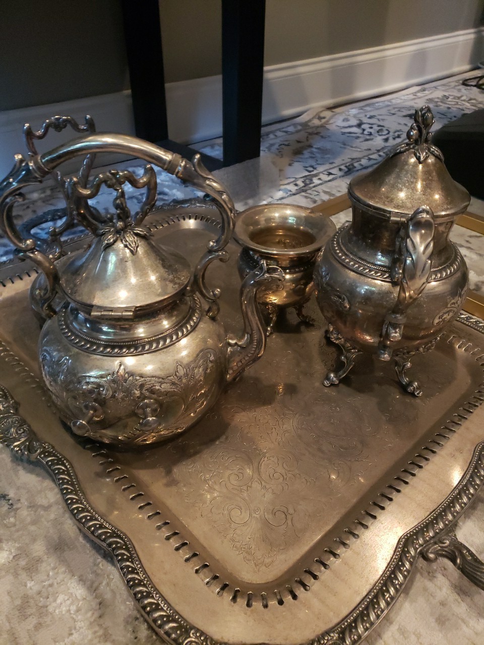 Antique Victorian Thomas Otley & Sons Silver Plated 4pc Tea Set W/Platter Silver