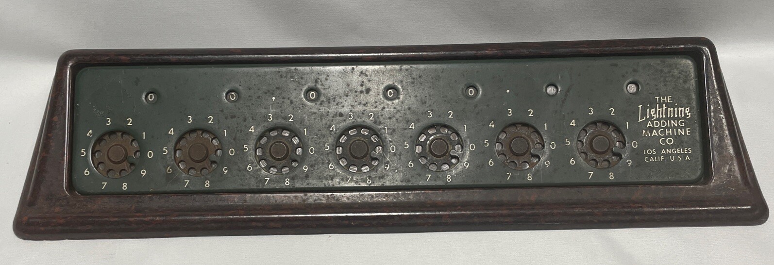 VTG The Lightning Adding Machine Co + BAKELITE STAND, Approx 12 x 2 1/2 inches