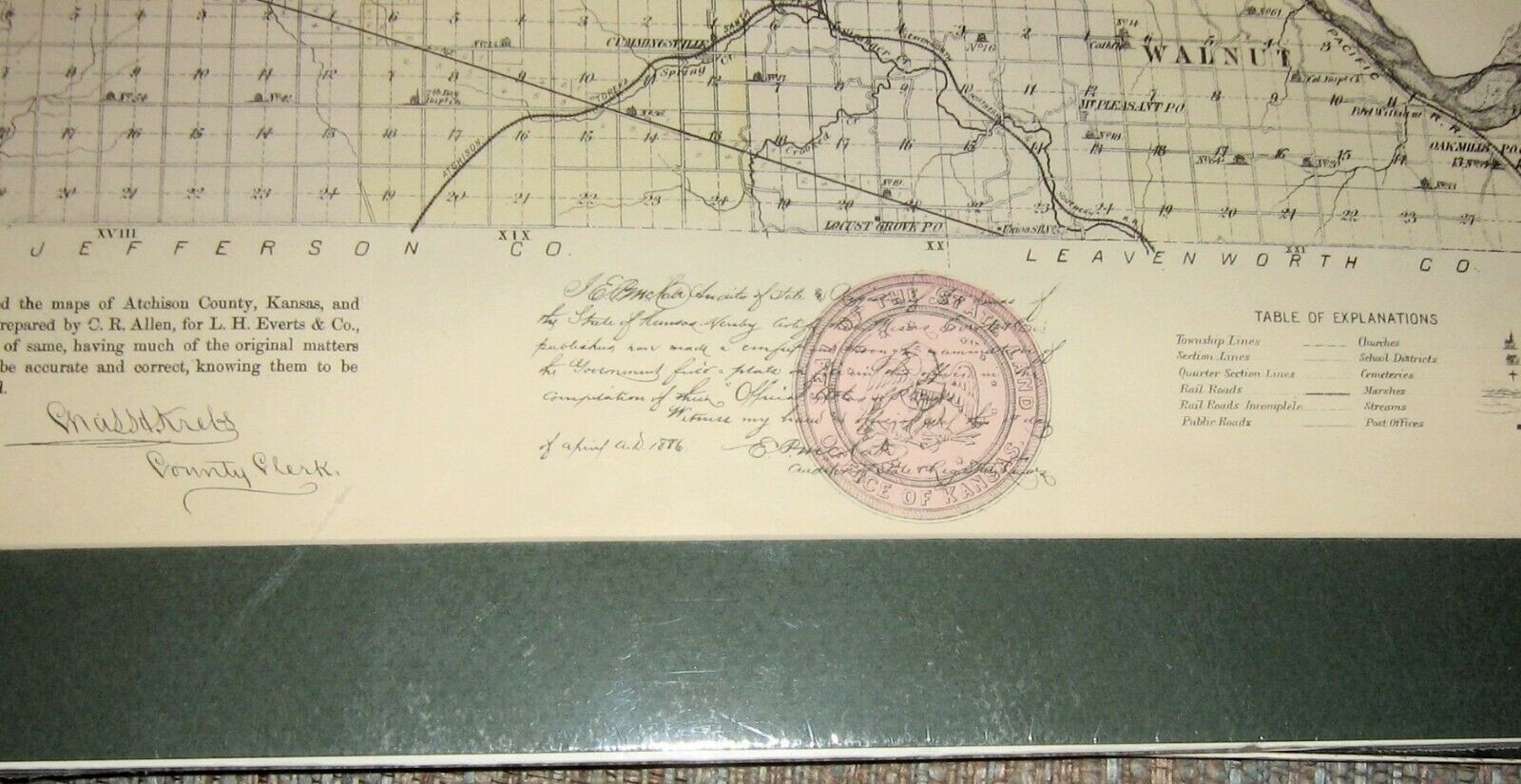 Vintage 1886 Kansas Plat Map,Atchison County,L.H.Everts,Townships,Railroads