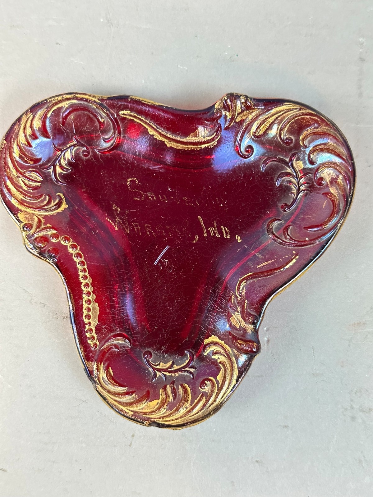 #754 Antique WARSAW Indiana Ruby Red Flash Souvenir Glass CANDY DISH
