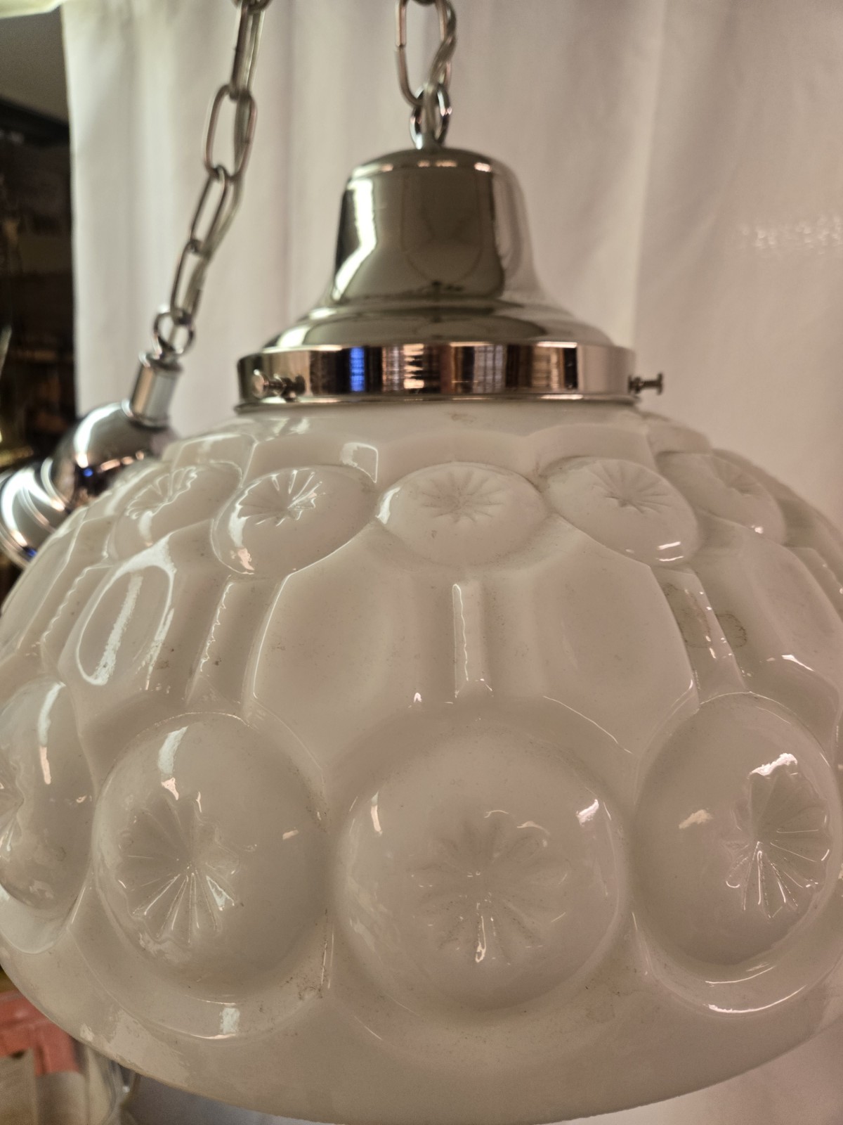 Vintage Antique Ceiling Light Fixture Glass Shade Chrome Hardware