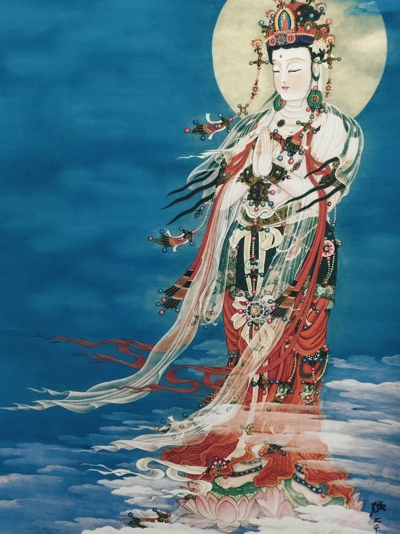 Chinese Old Painting Scroll Silk Guanyin Portrait By Zhang Daqian 张大千 大悲观世音图