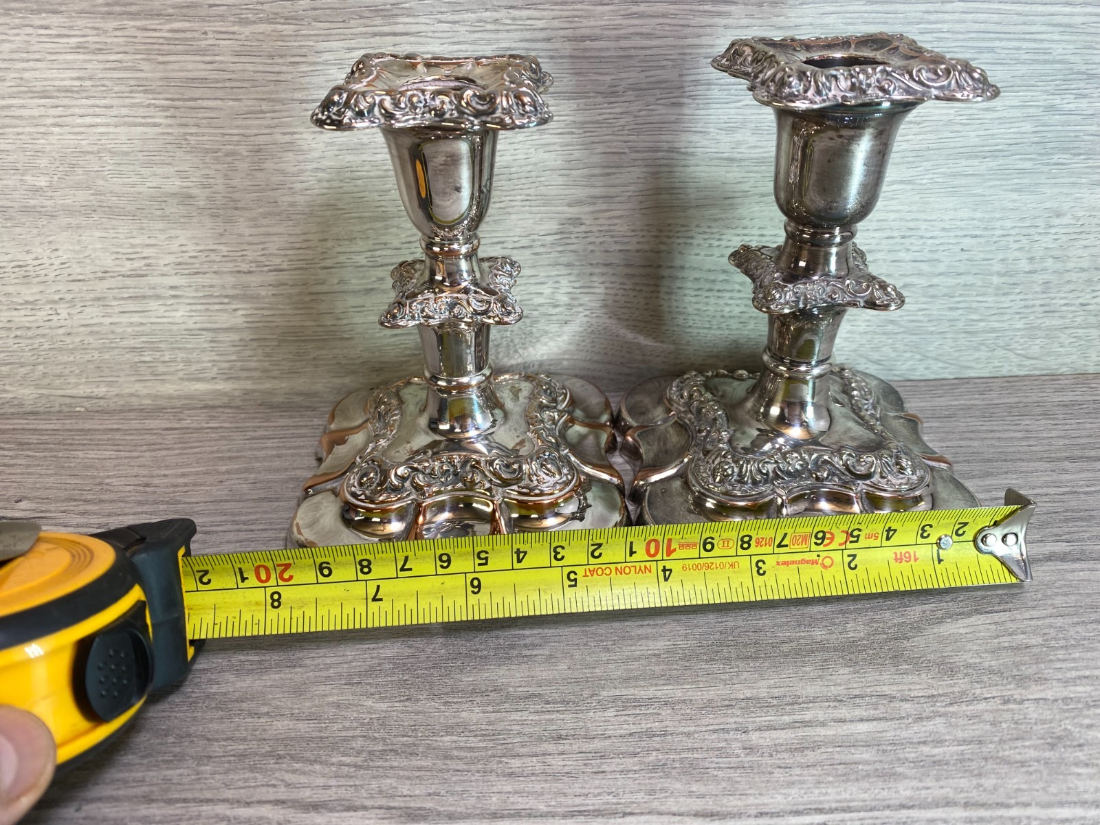 antique pair Silver Plate on copper Candlesticks stamped SL english c1900