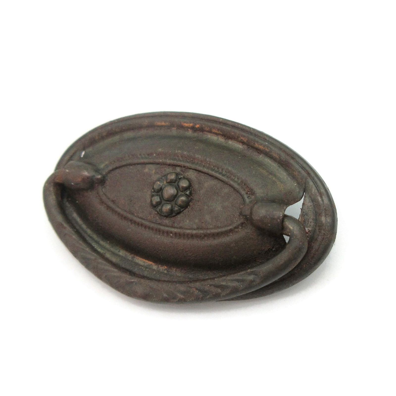 Small Vintage Drawer Pull Dark Brass Color Ornate Oval Single Screw Knob LBF