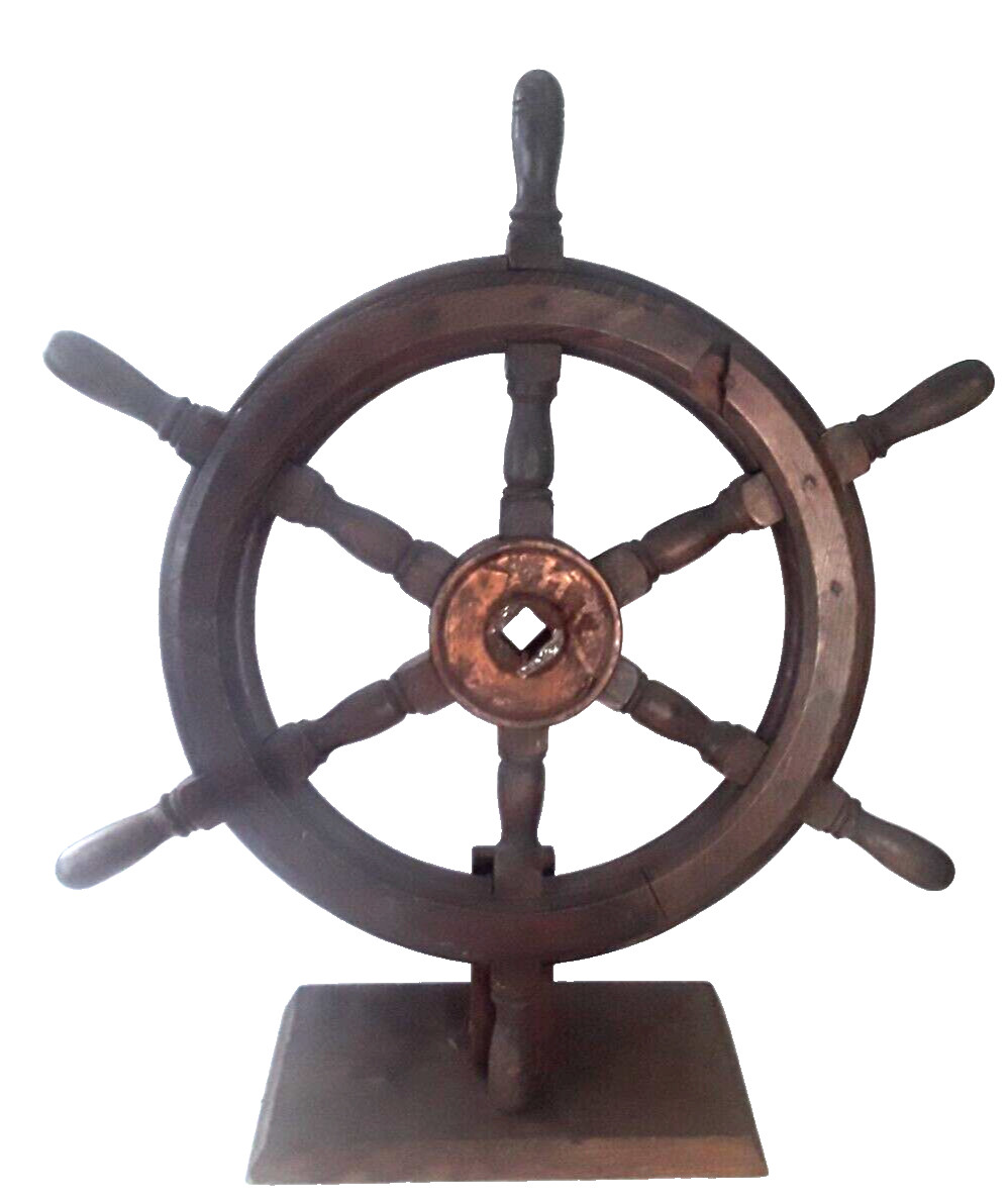 Vintage Wood Ship Steering Wheel Brass With Base Nautical 23” Inches