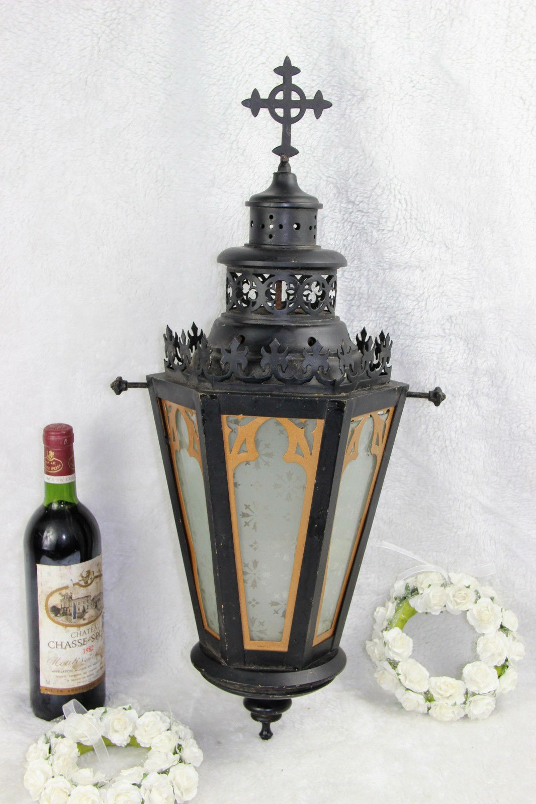 Religious gothic church Lantern light metal black cross Glass Candle holder