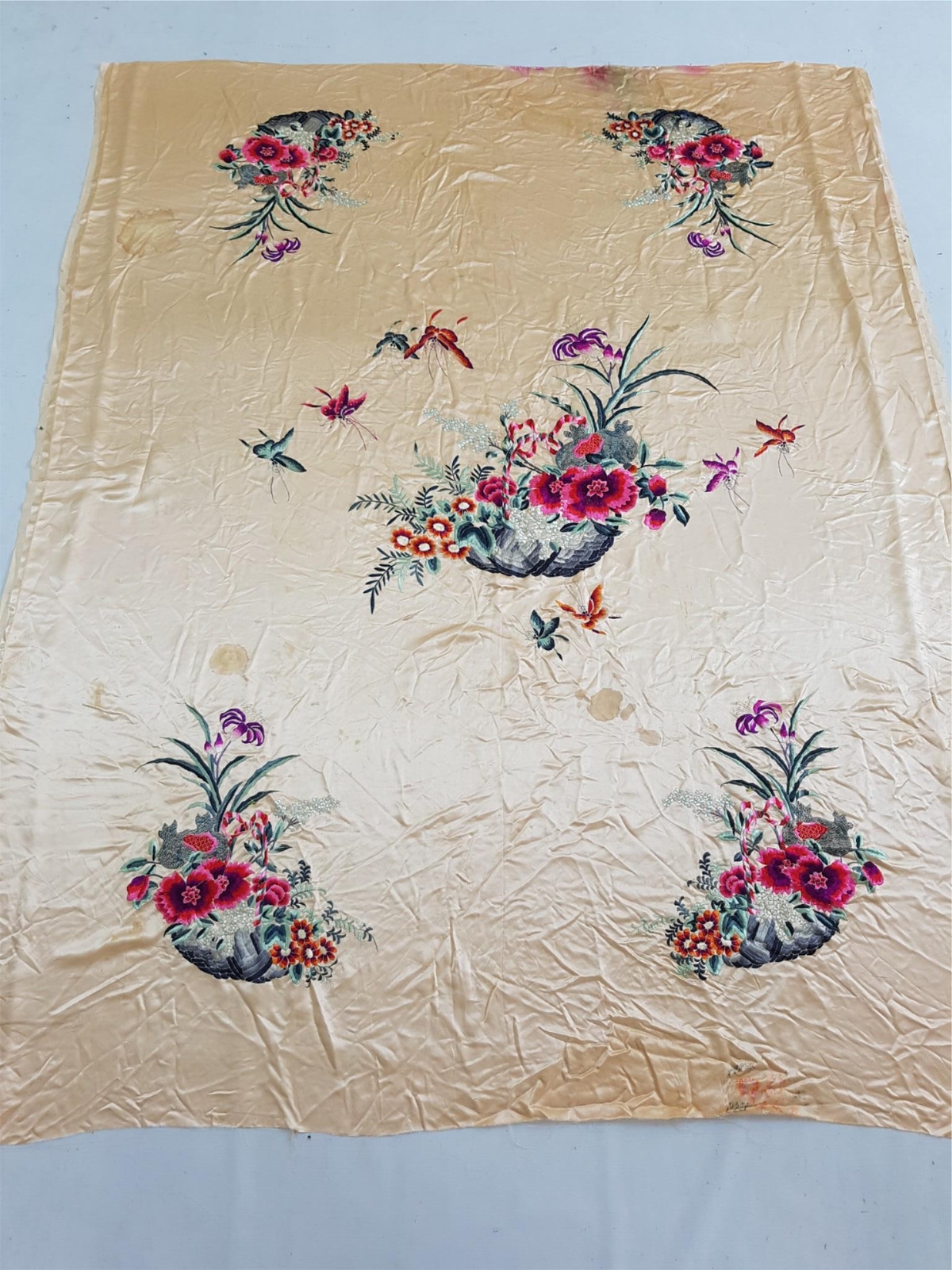 Antique Chinese Hand Embroidered Floral & Butterflies Silk Panel 68×56 inches